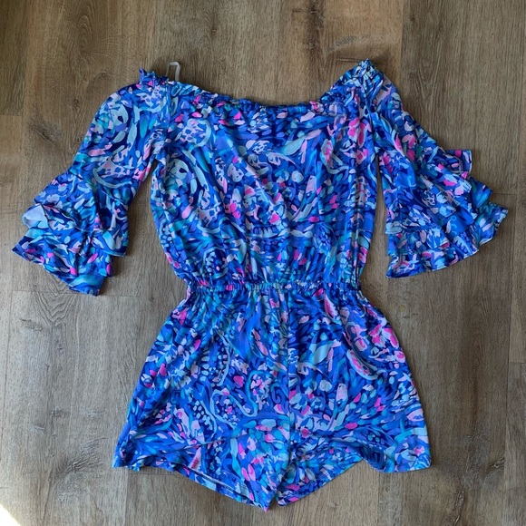 Lilly Pulitzer Romper Off Shoulder Blue Pink Print Ruffle Sleeve Tropical Size S - Picture 4 of 4